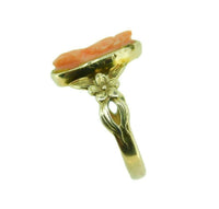 10k Gold Art Nouveau Genuine Natural Coral Cameo Ring Carved Flowers (#J4723)