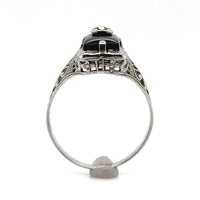 10k White Gold Genuine Natural Black Onyx and Diamond Filigree Ring (#J6212)