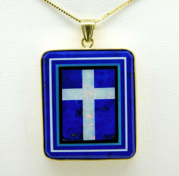 Kaufmann 14K Gold Intarsia Pendant with Genuine Natural Opal Cross (#J4373)