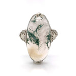 10k White Gold Oval Moss Genuine Natural Agate Filigree Ring Jewelry (#J5747)