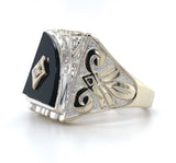 10k White Gold Genuine Natural Black Onyx Men's Ring with Diamonds (#J5829)
