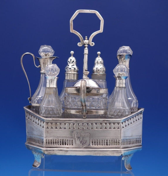 English Georgian Sterling Silver Cruet Set 7pc w/ Stand Pierced Footed (#6997)