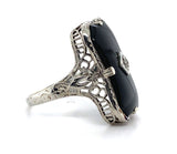 14k White Gold Custom Cut Genuine Natural Black Onyx Filigree Ring (#J5822)