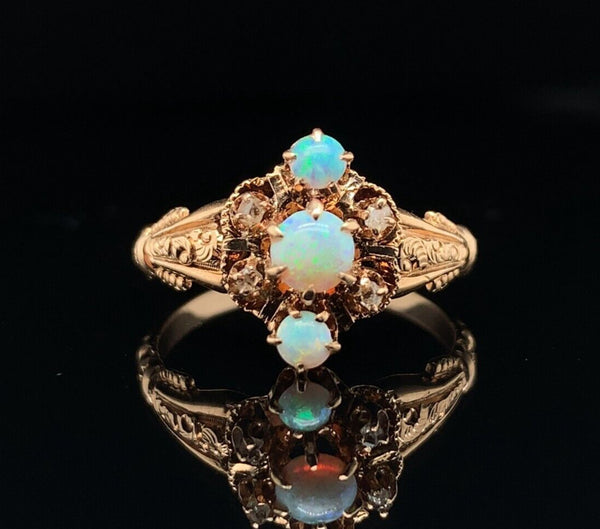 10k Rose Gold Victorian Genuine Natural Opal and Diamond Ring Size 6 (#J6289)