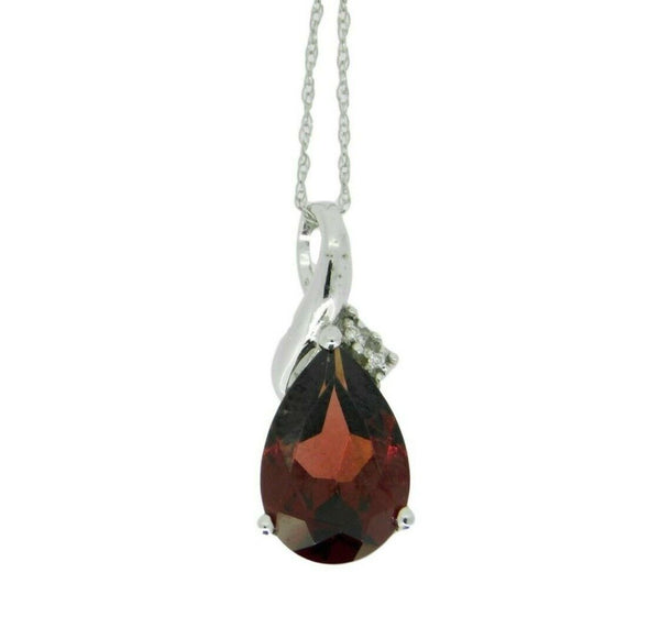 14k White Gold Pear Shape Genuine Natural Garnet and Diamond Pendant (#J1747)