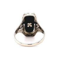 14k White Gold Genuine Natural Onyx Filigree Ring with Diamond Jewelry (#J5708)