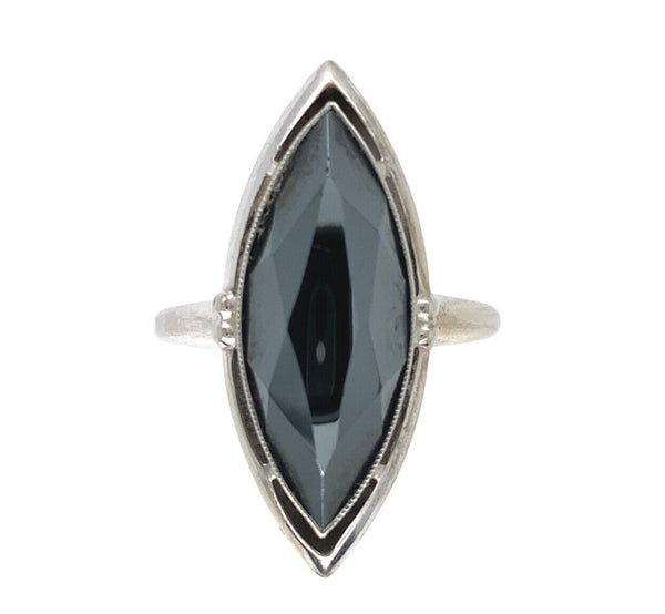 10k White Gold Marquise Navette Genuine Natural Hematite Ring Size 6.25 (#J6286)