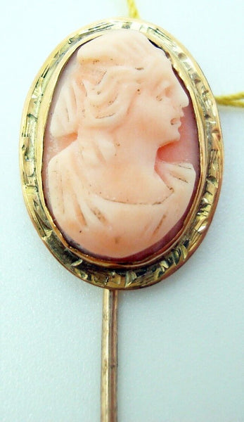 10K Gold Oval Coral Genuine Natural Cameo Stick Pin (#J2673)