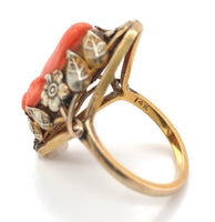14k Gold Arts and Crafts Genuine Coral Cameo Ring Handwrought Flowers (#J7335)