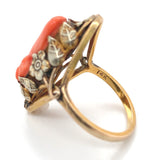 14k Gold Arts and Crafts Genuine Coral Cameo Ring Handwrought Flowers (#J7335)