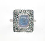 14k White Gold Rainbow Genuine Natural Moonstone Teal Sapphire Ring (#J6261)