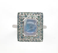 14k White Gold Rainbow Genuine Natural Moonstone Teal Sapphire Ring (#J6261)
