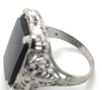 10k White Gold Filigree Genuine Natural Black Onyx Ring Size 5.25 (#J7264)