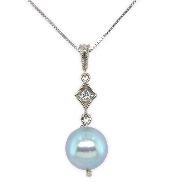 14k White Gold 8.8mm Blue Akoya Pearl and Diamond Pendant with Chain (#J7022)