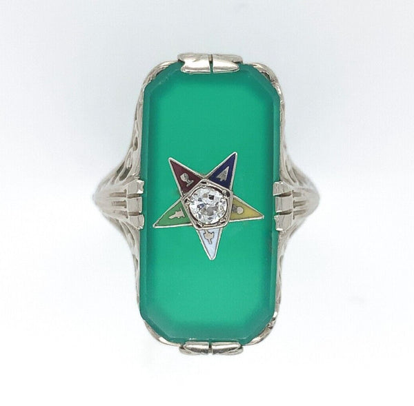 14k Gold Filigree Genuine Natural Green Onyx / Chrysoprase Diamond Ring (#J6213)