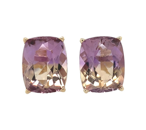 14k Yellow Gold Genuine Natural Ametrine Cushion Cut Stud Earrings (#J7291)