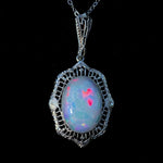 14k White Gold Deco Genuine Natural Opal Filigree Pendant Necklace (#J5701)