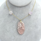 14k Yellow Gold Art Deco Carved Genuine Natural Rose Quartz Necklace (#J7180)