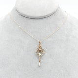 10k Gold Diamond Lavaliere Pendant w/Enamel Leaves Pearl Drop 14k Chain (#J6972)