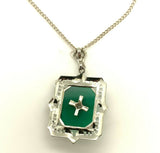 10k Gold Art Deco Genuine Natural Green Onyx Diamond Filigree Pendant (#J5315)