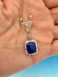 Art Deco 10k White Gold Filigree Lapis Pendant (#J5209)