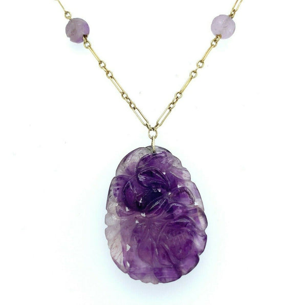 14k Yellow Gold Art Deco Chinese Export Carved Natural Amethyst Pendant (#J5373)