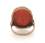 10k Yellow Gold Genuine Natural Coral Cameo Ring Arts and Crafts Leaves (#J6031)