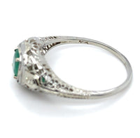18k White Gold Deco Filigree .21ct Genuine Natural Emerald Ring (#J6332)