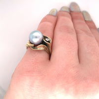 14k Yellow Gold Blue Akoya Pearl and Diamond Ring (#J5417)