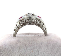18k Gold Filigree .30ct Diamond Ring with Synthetic Lab-Created Rubies (#J5826)