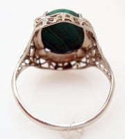 14k White Gold Oval Genuine Natural Malachite Filigree Ring (#J2900)