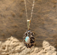 14k Gold Oval Genuine Natural Opal Pendant with Pierced Scrollwork (#J6226)