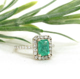 14k White Gold 1 Carat Genuine Natural Emerald Ring with Diamond Halo (#J7370)