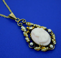 14k Yellow Gold Angel Skin Coral / Shell Cameo Lavaliere (#J4412)