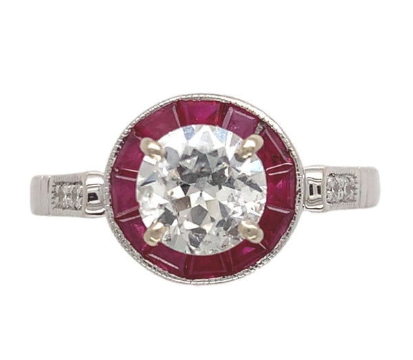 14k White Gold .80ct European Cut Genuine Natural Diamond Ring Ruby Halo #J7265