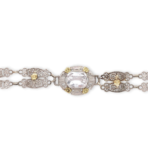 10k White and Yellow Gold Art Deco Filigree Bracelet 6.75" Jewelry (#J6740)