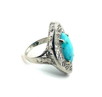 14k White Gold Art Deco Genuine Natural Turquoise Filigree Ring (#J5217)