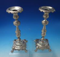 FDG .833 Silver Candlestick Pair Applied Flowers Ball Lion Feet c.1850 (#5522)
