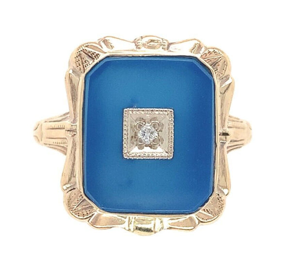 10k Yellow Gold Genuine Natural Blue Onyx and Diamond Ring Size 5.75 (#J6600)