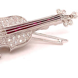 18k White Gold Genuine Natural Diamond and Ruby Violin Viola Brooch Pin (#J4846)