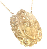 14k Gold Art Nouveau Large Figural Woman and Flowers Necklace w/Diamonds #J7432