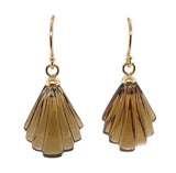 14k Gold Genuine Natural Smoky Quartz Carved Fan Shaped Drop Earrings (#J7519)