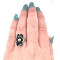 18k White Gold Faceted Genuine Natural Black Onyx Ring with Diamond (#J5823)