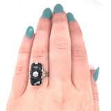 18k White Gold Faceted Genuine Natural Black Onyx Ring with Diamond (#J5823)