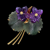 14k Yellow Gold Carved Genuine Amethyst Violet Flower and Jade Leaf Pin (#J7253)
