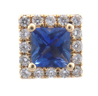 14k Gold Square Stud Blue Genuine Sapphire Earrings with Diamond Halo (#J6683)