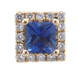 14k Gold Square Stud Blue Genuine Sapphire Earrings with Diamond Halo (#J6683)