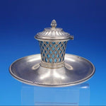 French Silver Inkwell with Guilloche Enamel Insert and Hinged Lid (#4216)