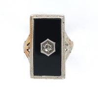 14k White Gold Genuine Natural Onyx Filigree Ring with Diamond Jewelry (#J6208)