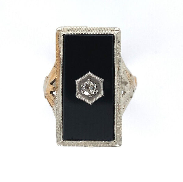14k White Gold Genuine Natural Onyx Filigree Ring with Diamond Jewelry (#J6208)